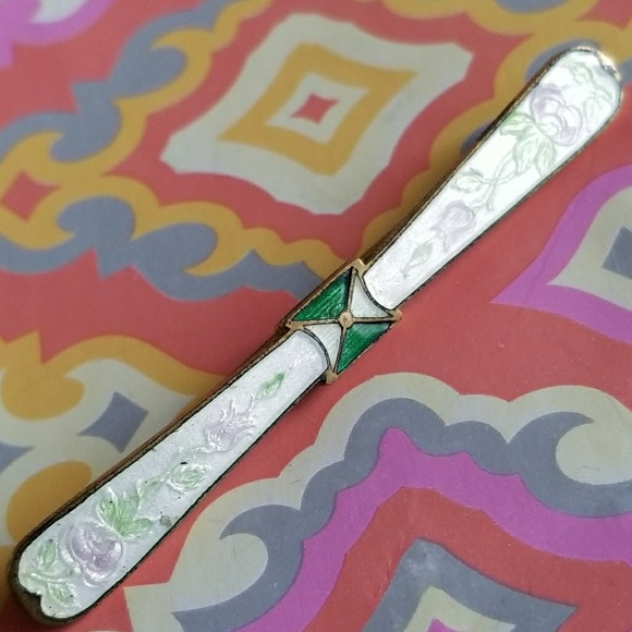 Relisted - Antique pastel rose green guilloche enamel bar pin - Picture 4 of 7